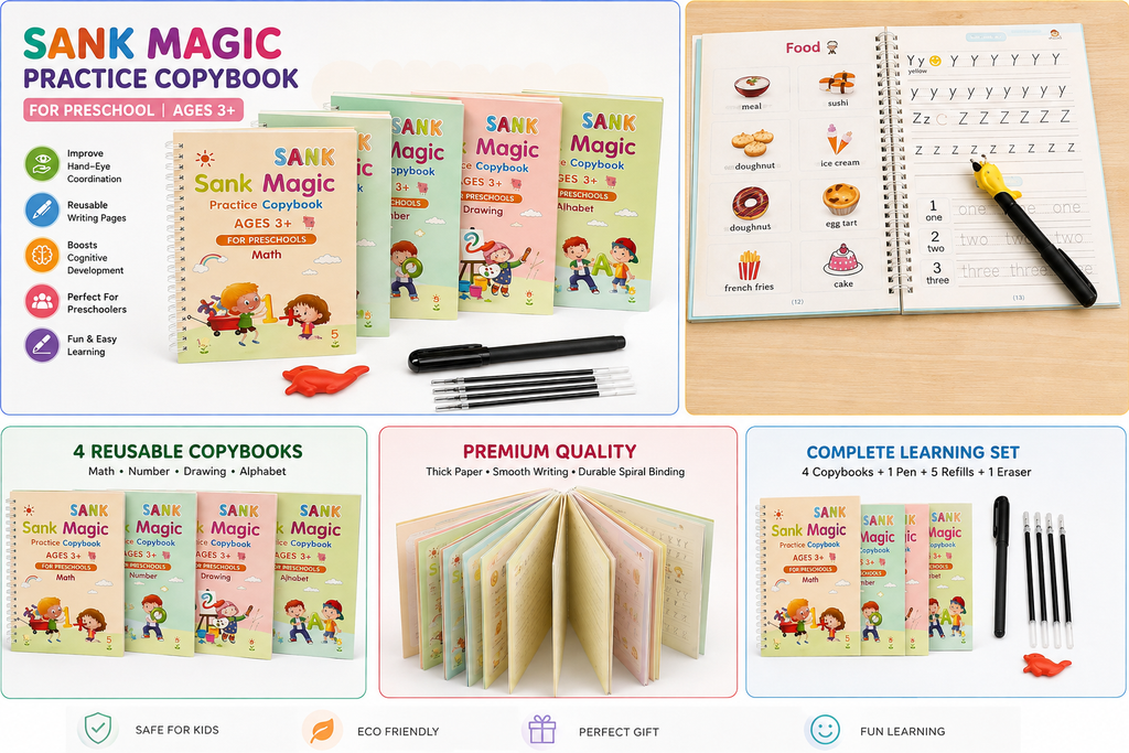 Magic Practice Copybook for Kids – 4 Books + 10 Refills