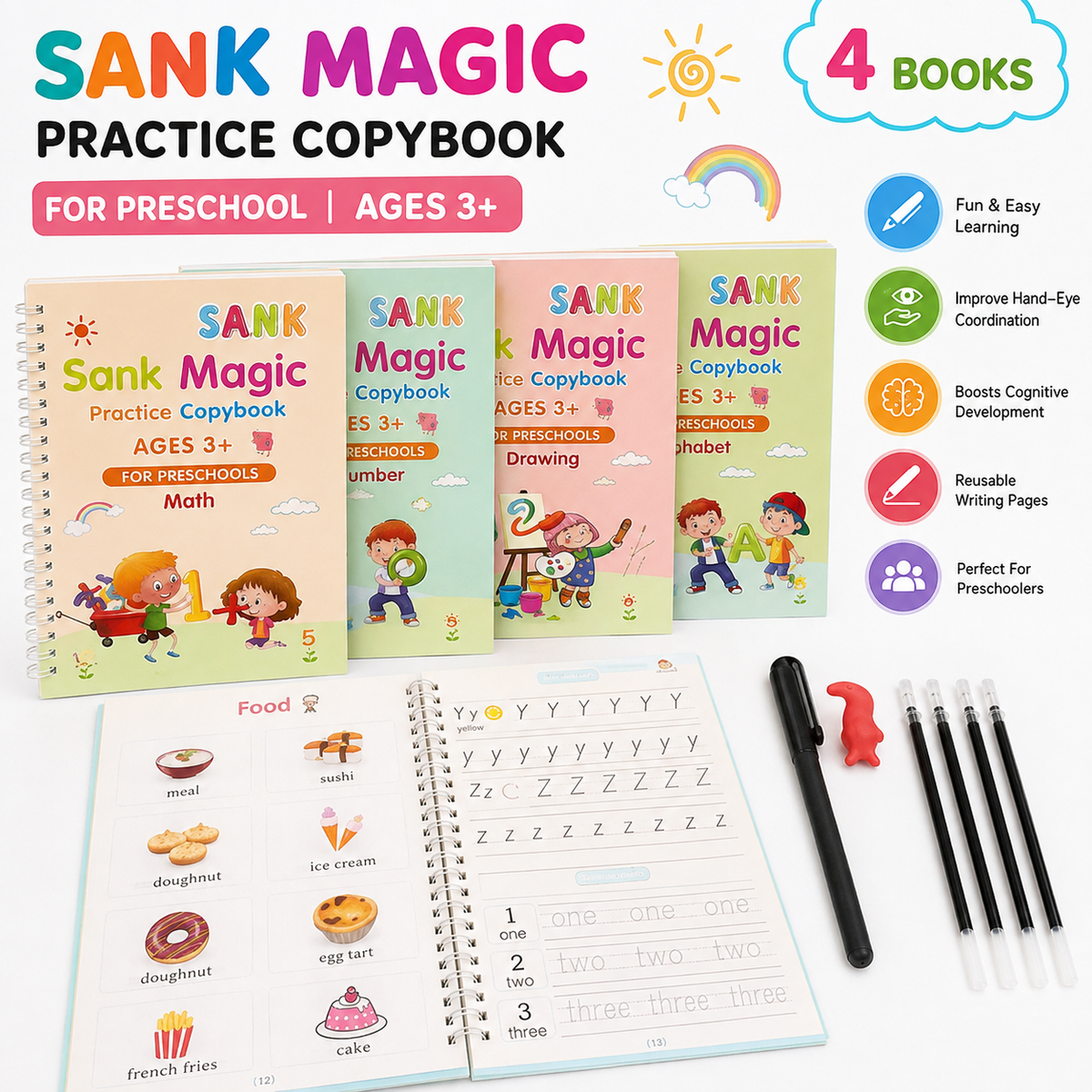 Magic Practice Copybook for Kids – 4 Books + 10 Refills