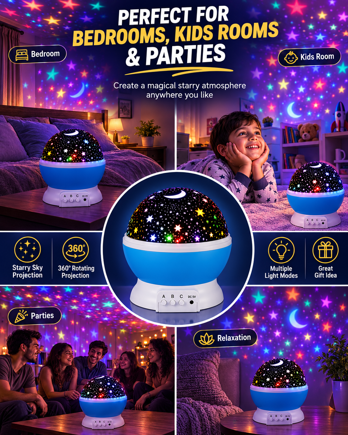 360° Rotating Star Projector Lamp – Color-Changing LED Night Light