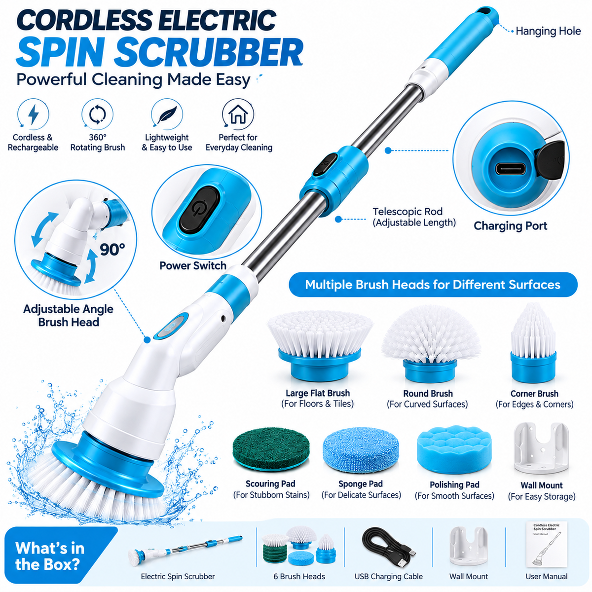 Cordless Electric Spin Scrubber 360° – Rechargeable Cleaning Brush