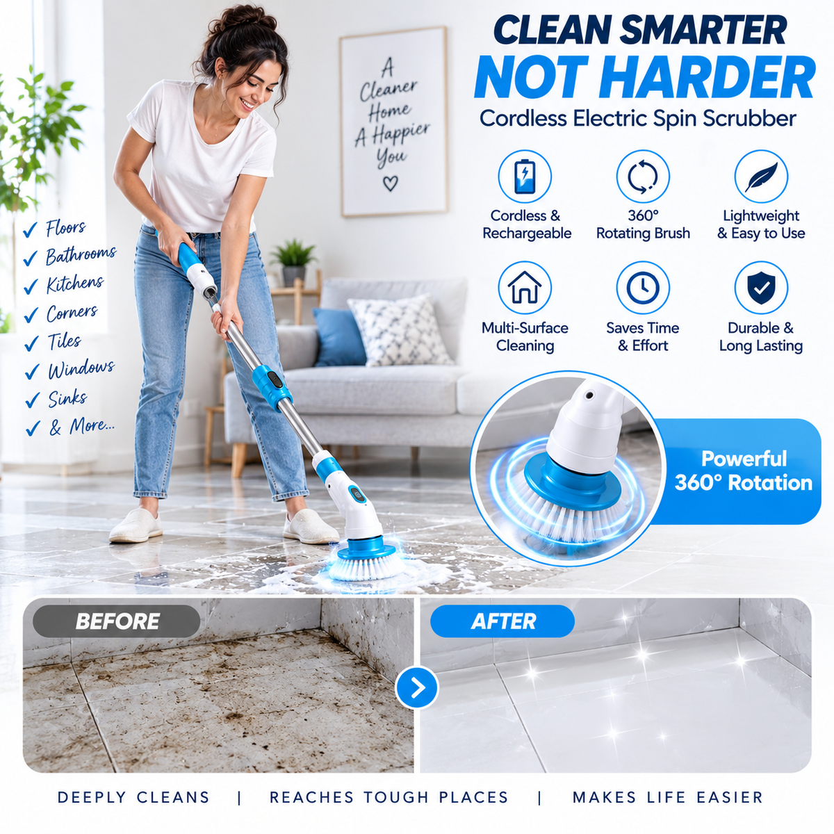 Cordless Electric Spin Scrubber 360° – Rechargeable Cleaning Brush
